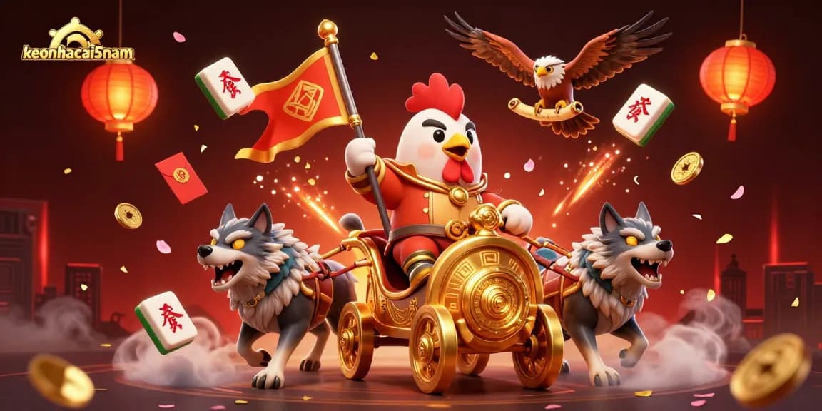 Experience the excitement of keonhacai5nam with a dynamic scene featuring a rooster warlord and golden symbols.