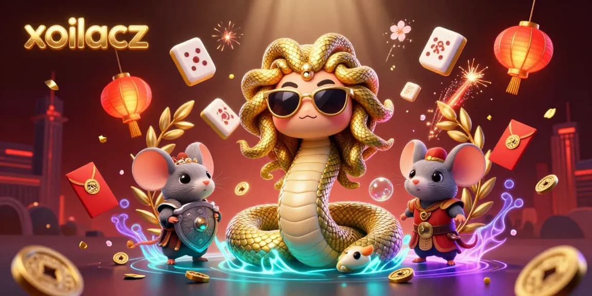 Xoilacz brings excitement with Medusa, a warrior mouse, and floating casino elements in a vibrant scene.