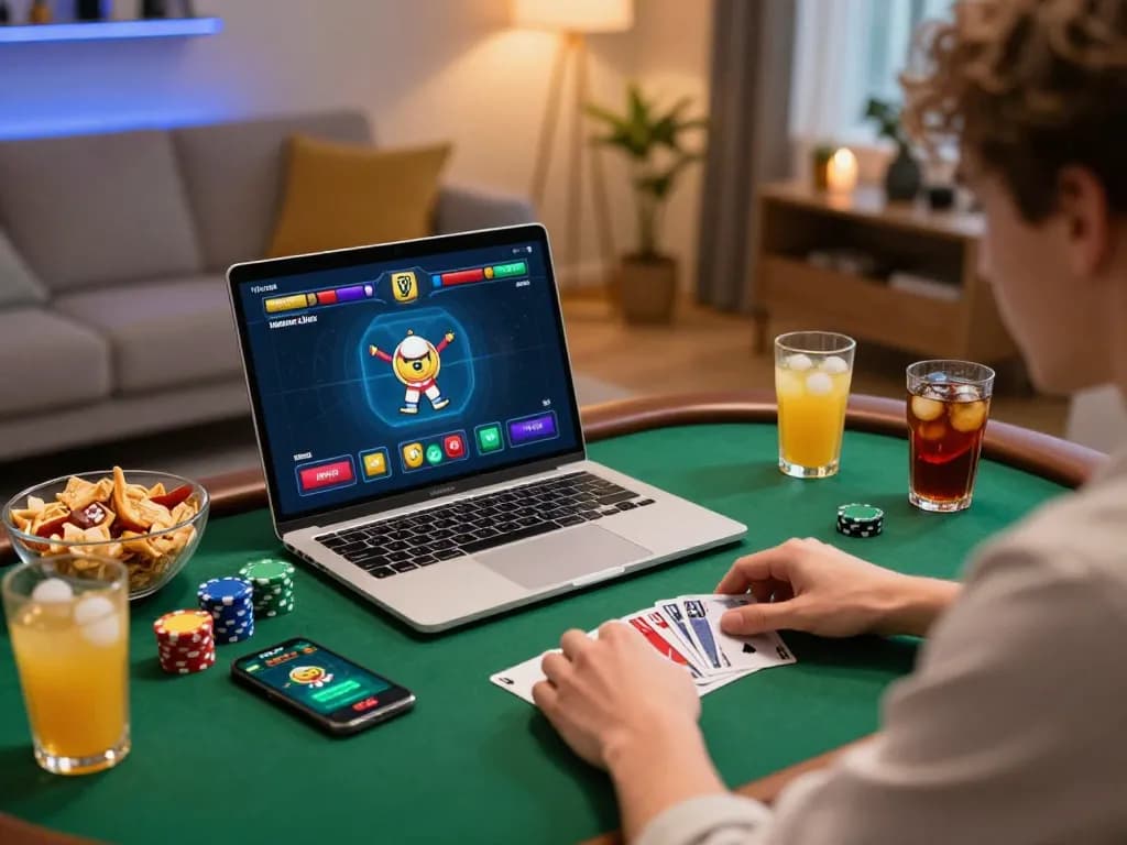 Engaged online gamer experiencing CM88 poker gameplay on a laptop in a cozy setting.
