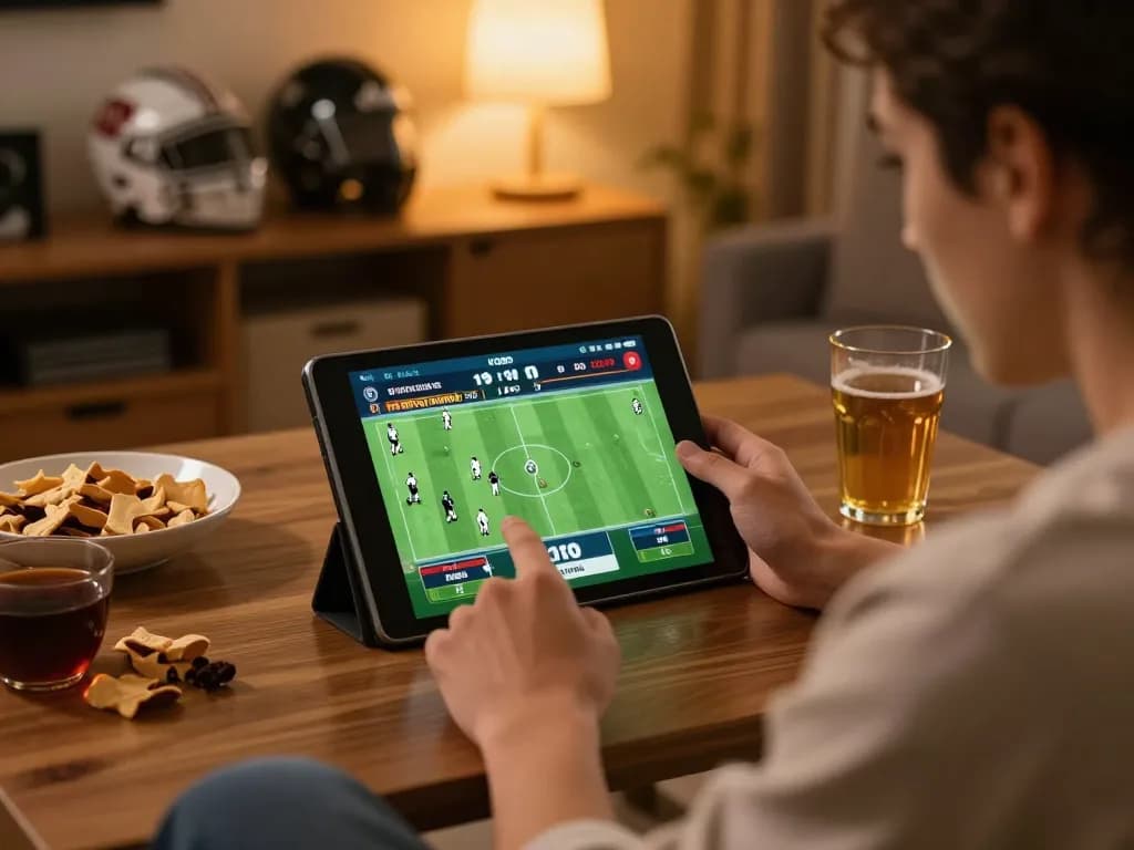 KQBD sports bettor engaging with live scores on tablet in cozy home setting