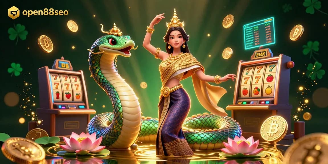 Experience the thrill of slots and crypto with open88seo's vibrant illustrated scene featuring a dancing Thai woman.