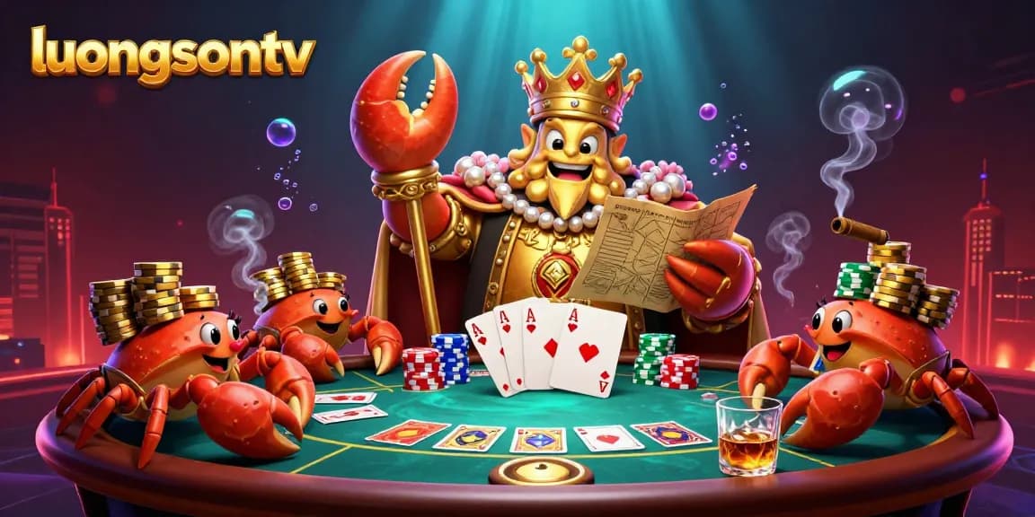Experience the thrill of gambling with luongsontv, featuring vibrant casino elements and an emperor crab in 3D illustration.