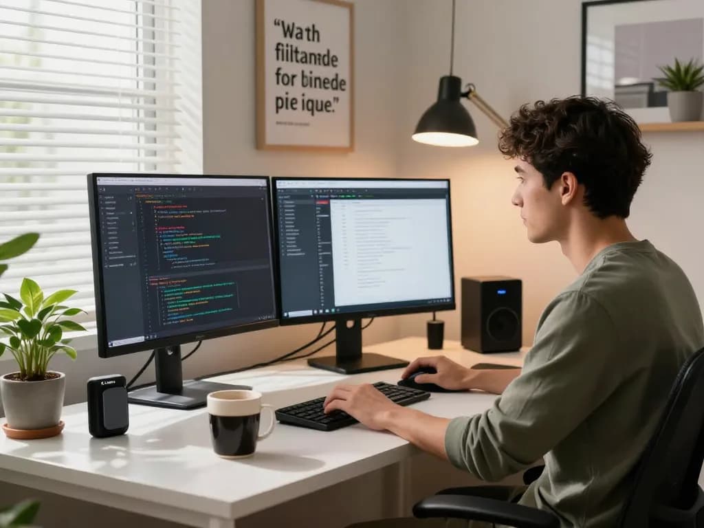 MoltBot AI enhances productivity in a home workspace, showcasing clawdbot ai functionalities with multiple screens and tech gadgets.