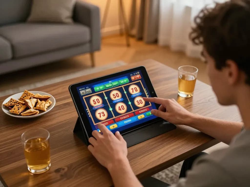 O8 player interacting with exciting online slots in a cozy home setting.