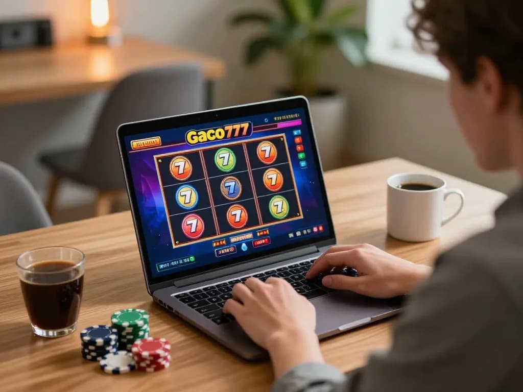 Playing slot gacor 777 online with vibrant screen interface and casino chips ready for action.