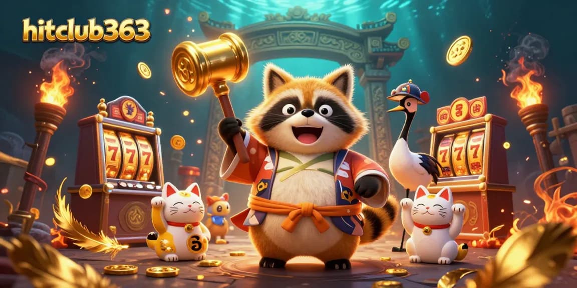 Engage in gaming at hitclub363 with a vibrant casino scene featuring a lucky tanuki and rich gaming elements.