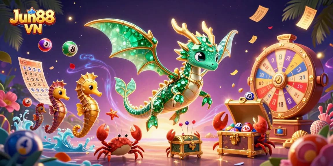 Experience thrilling gameplay with Jun88 VN as vibrant lottery elements and cartoon sea dragon create excitement.