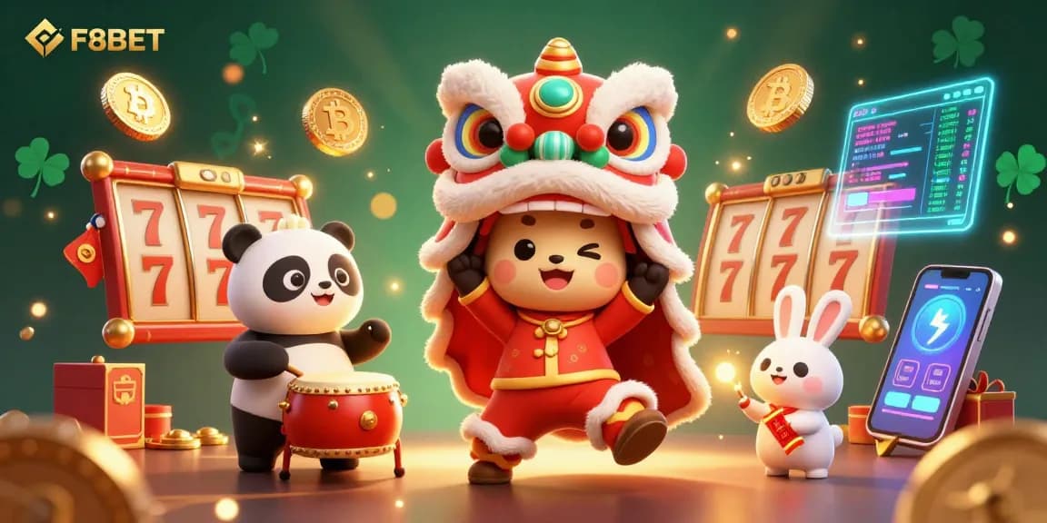 Experience the excitement of F8BET's vibrant gaming world with a colorful lion dance and 3D casino elements.