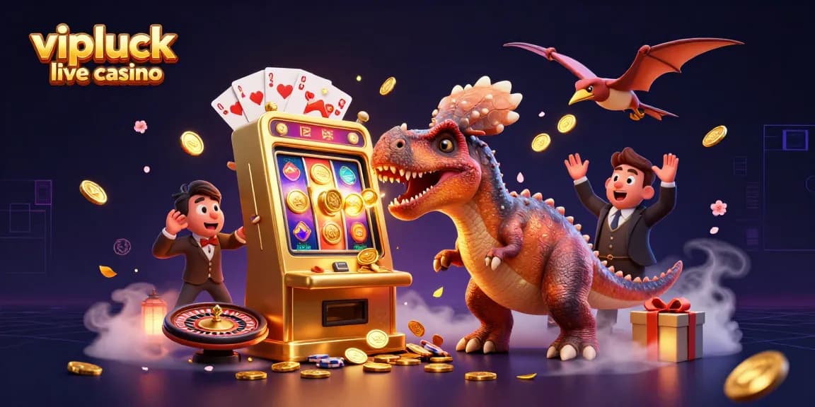 VIPLuck Live Casino: 3D-Illustration mit Pachycephalosaurus an Spielautomaten, Croupier und goldenen Münzen.