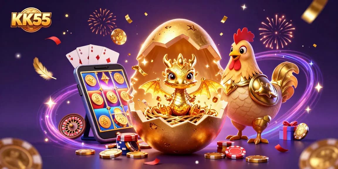 Experience the enchanting world of KK55 as a golden dragon emerges from a colossal egg amidst vibrant casino elements.