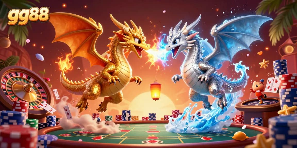 Join the adventure at gg88 with twin dragons in a lively casino, showcasing poker and fire vs. ice action.