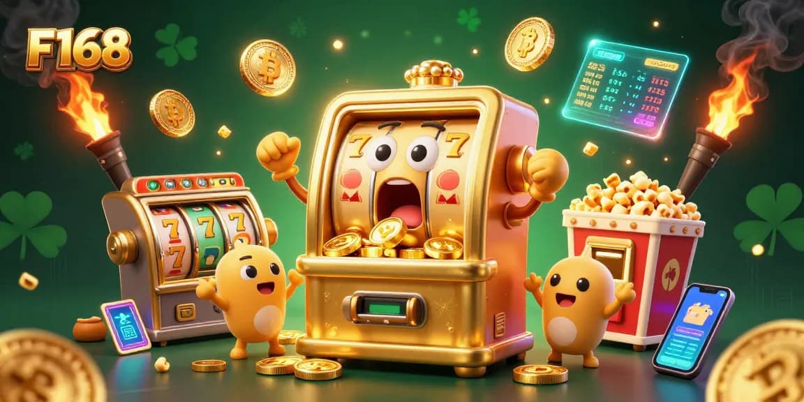 Experience thrilling wins at F168 with a cartoon slot machine celebrating a jackpot amidst glowing crypto coins.