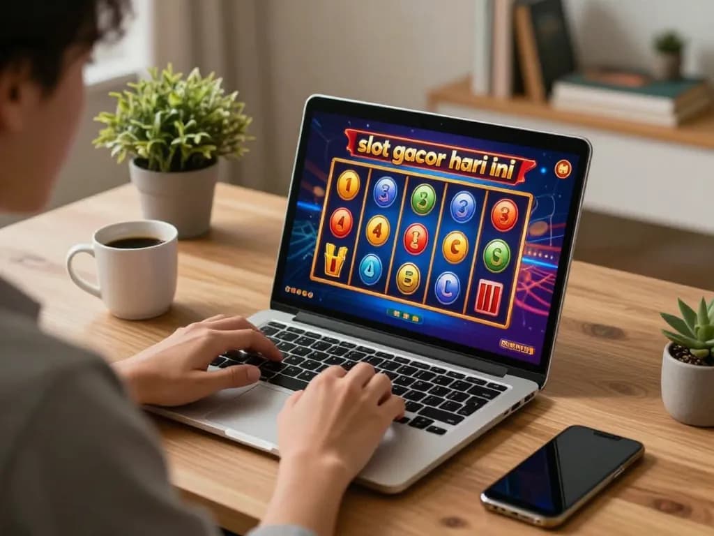 Engaging online gambling session showcasing 'slot gacor hari ini' with colorful reels and a player enjoying the game.