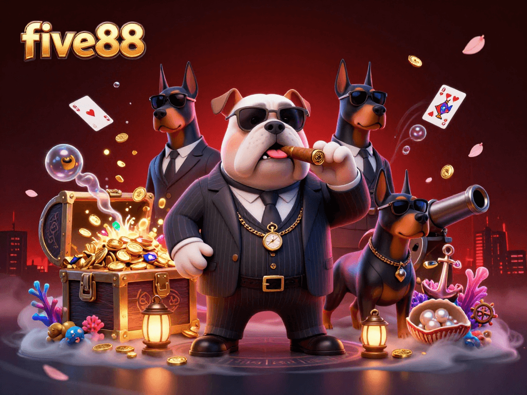 Engage with the thrilling vibes of five88, featuring a mafia bulldog in a casino-rich environment.