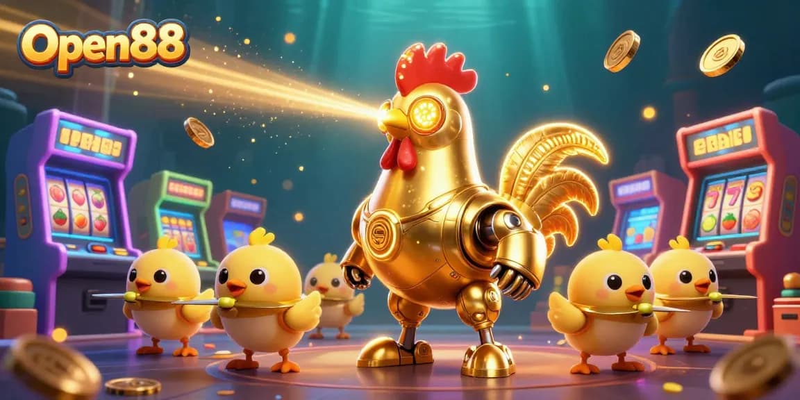 Experience the excitement of Open88 with a robotic rooster and baby chick drones in a vivid casino setting.