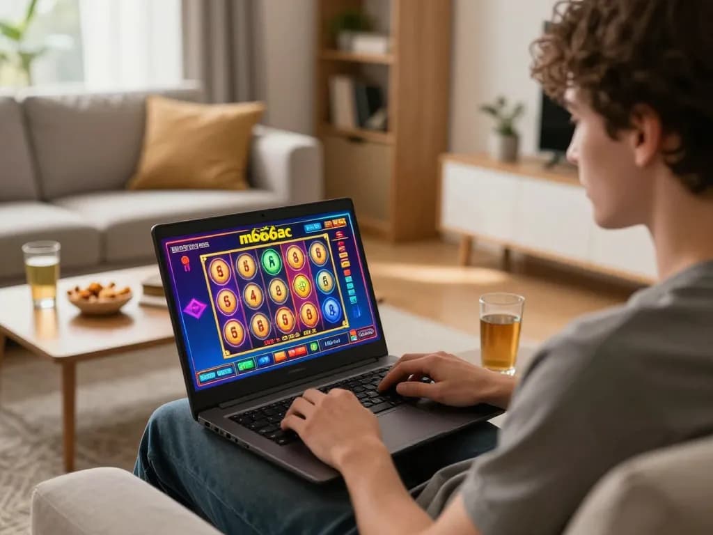 Person engaging in mb66ac online slot game at home with a warm, inviting environment.