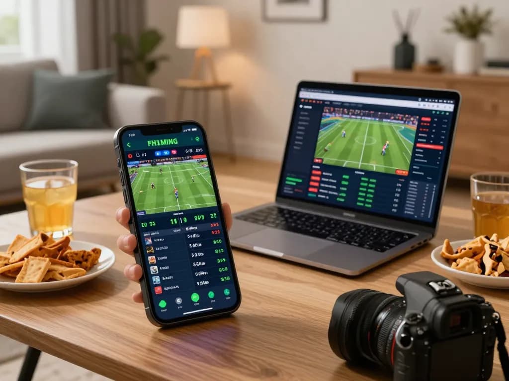 tỷ lệ kèo nhà cái displayed on mobile device during exciting sports betting in a cozy home