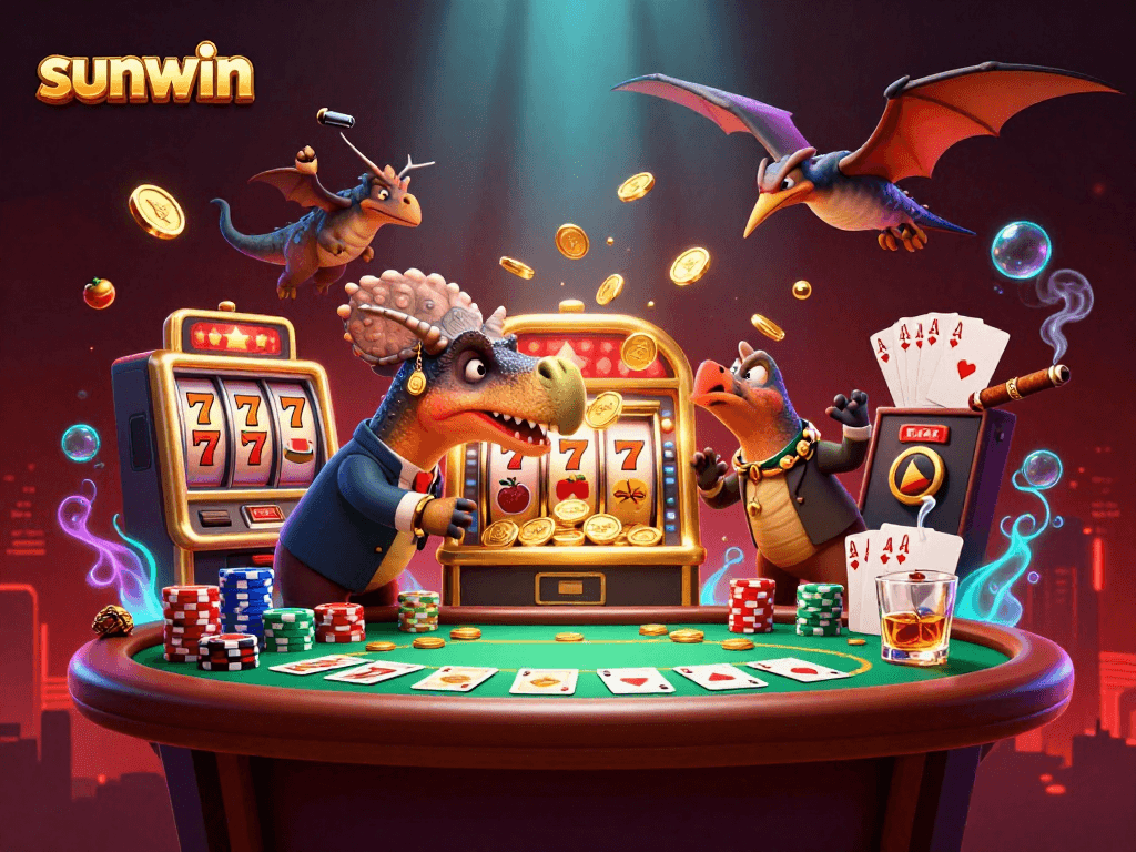 Sunwin brings excitement as a dinosaur hits a slot machine, coins flying in a vibrant scene.