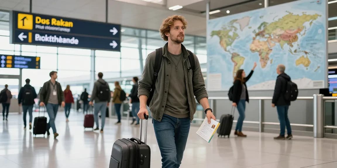 Airport Transfer Frankfurt experience, traveler with luggage in busy terminal.
