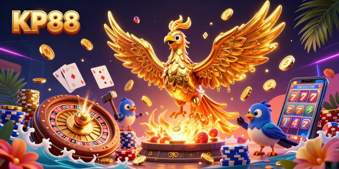 Experience the thrill of KP88 with a golden phoenix and casino elements, showcasing vibrant gaming adventures.