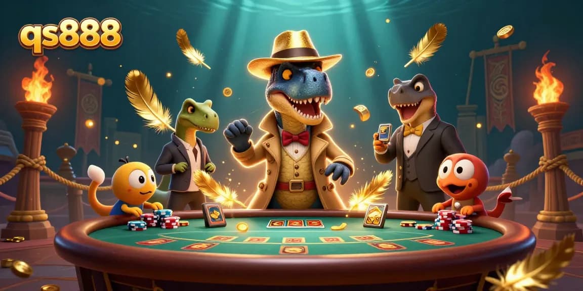 Experience thrilling gameplay with qs888 at a blackjack table featuring a sneaky velociraptor card counter.