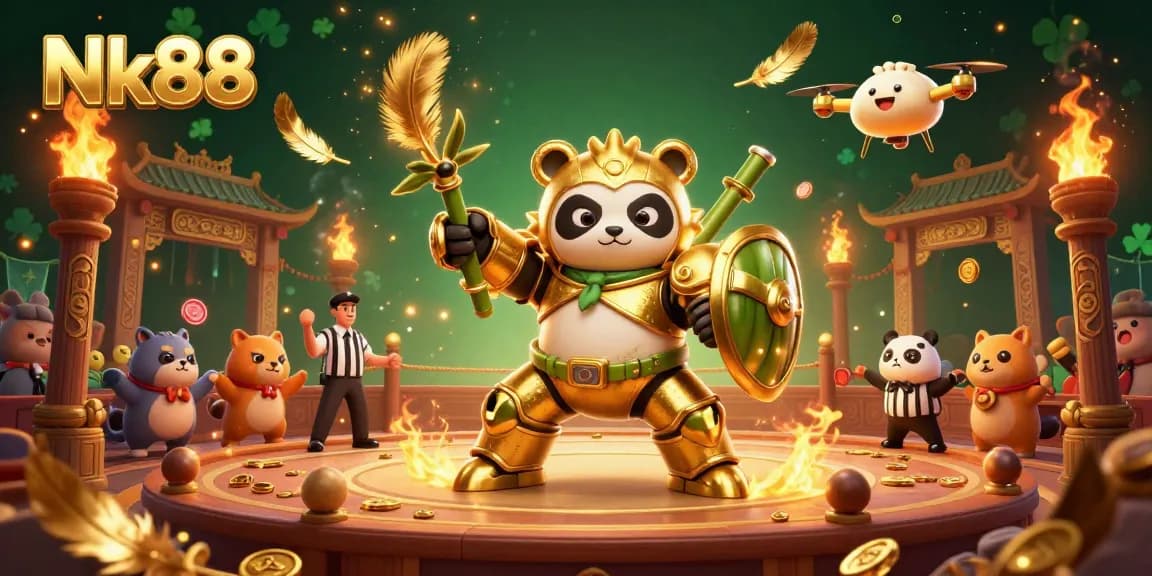 Nk88 enhances your live gaming experience with an exciting 3D illustration of a panda robot in action.