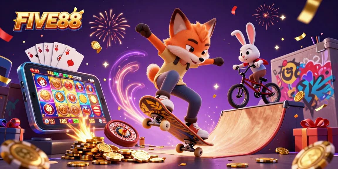 Catch the excitement at FIVE88 with a fox performing stunts over poker chips amidst vibrant casino elements.
