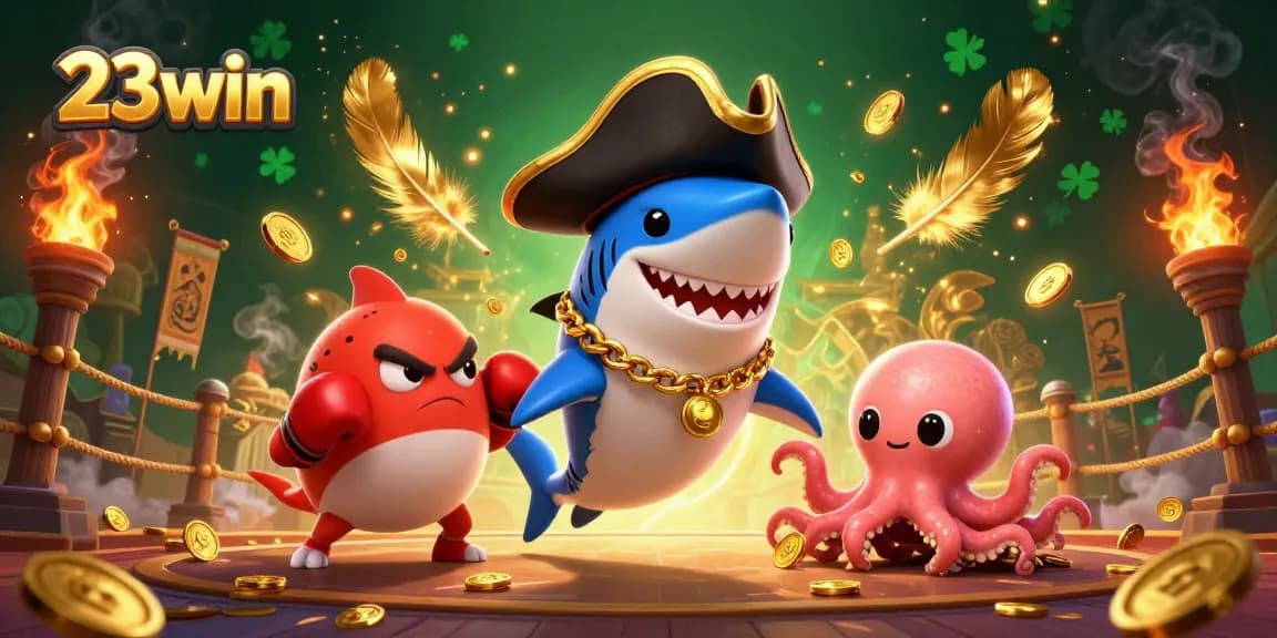 Engage in thrilling play at 23win, featuring vibrant characters and gold coins in a lively casino scene.
