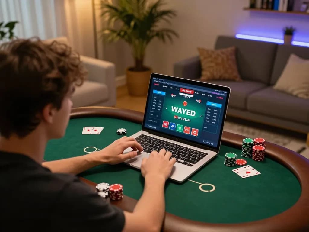 Engaged player using laptop for dark web gambling exploring hidden wiki dark web services.
