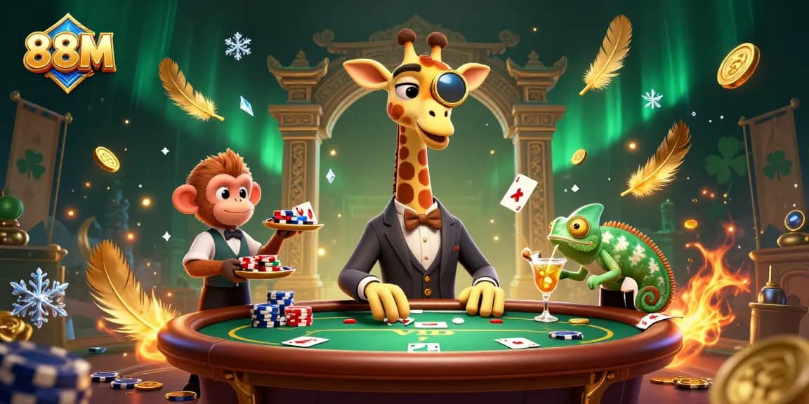 Experience the excitement of poker with 88M, featuring a giraffe high-roller and vibrant gambling elements.