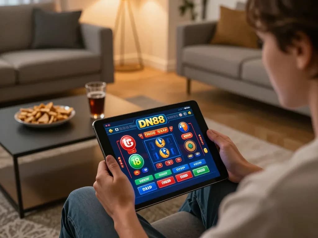 Engaging with DN88 online casino app in a cozy home setup with ambient lighting