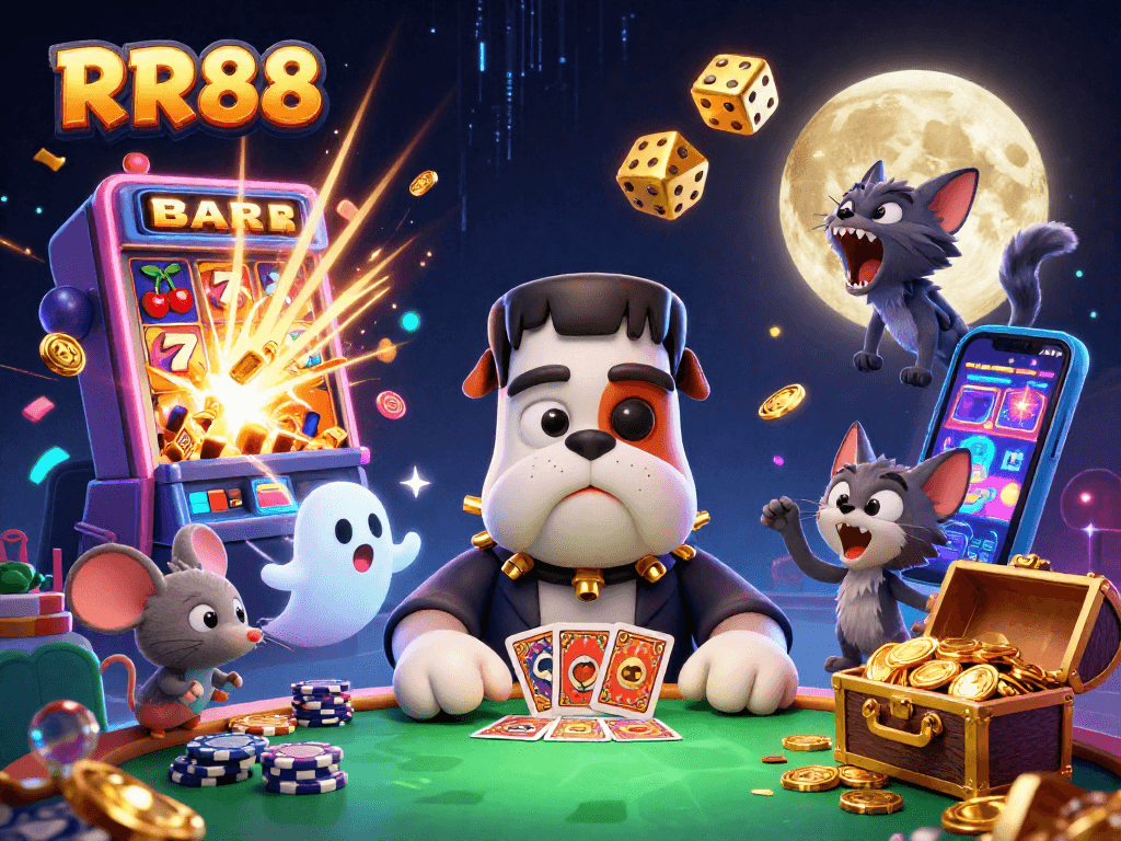 RR88 showcases a lively gaming scene with a cartoon bulldog and vibrant elements enhancing gameplay experience.