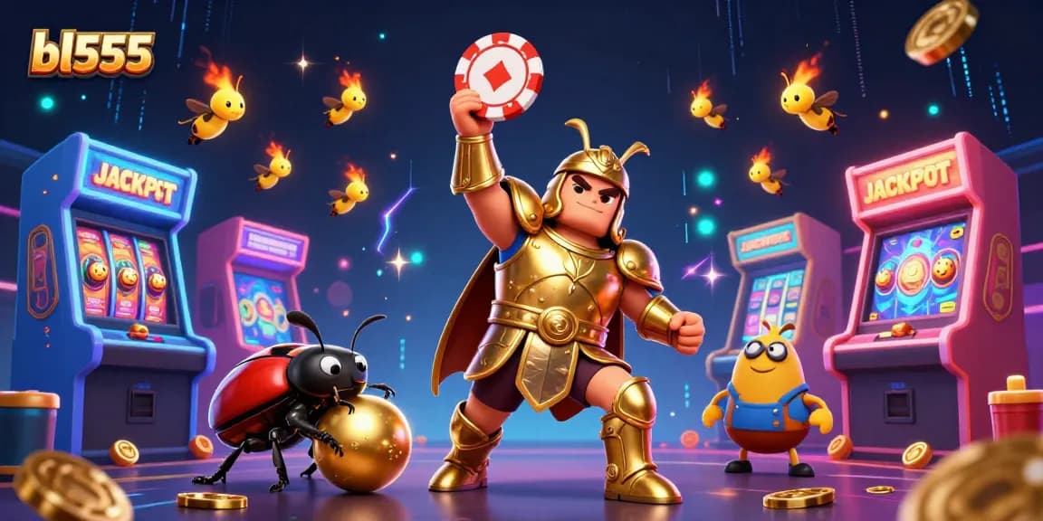 Celebrate winning at BL555 with a golden hercules beetle in armor lifting a poker chip, surrounded by arcade excitement.