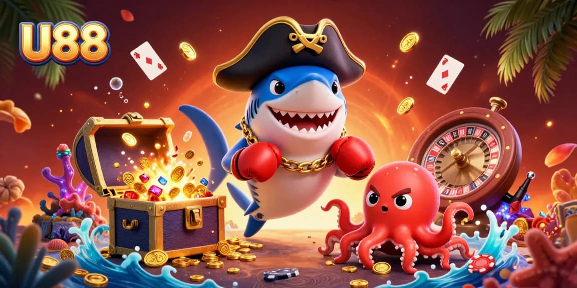 U88 slots showcase luck and fortune with cartoon characters amidst vibrant casino elements.
