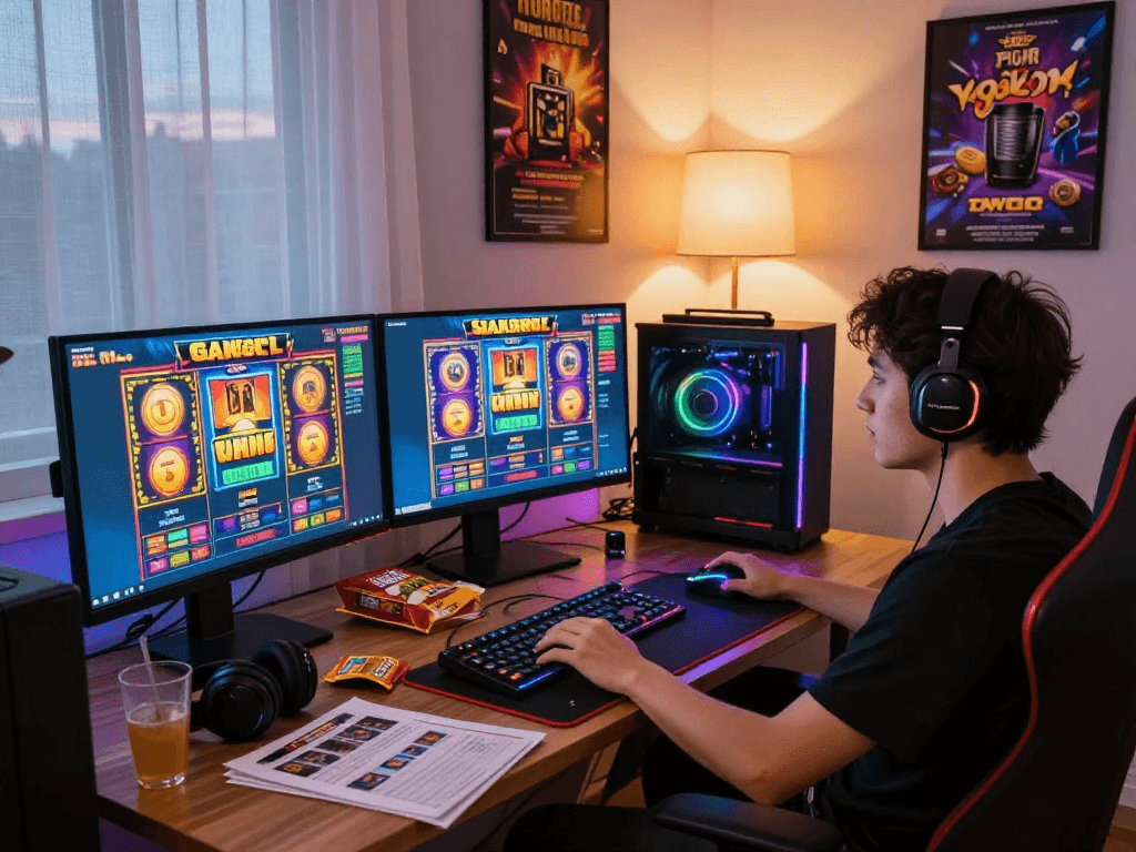Gamer enjoying gacor online slot games in a cozy, colorful setup