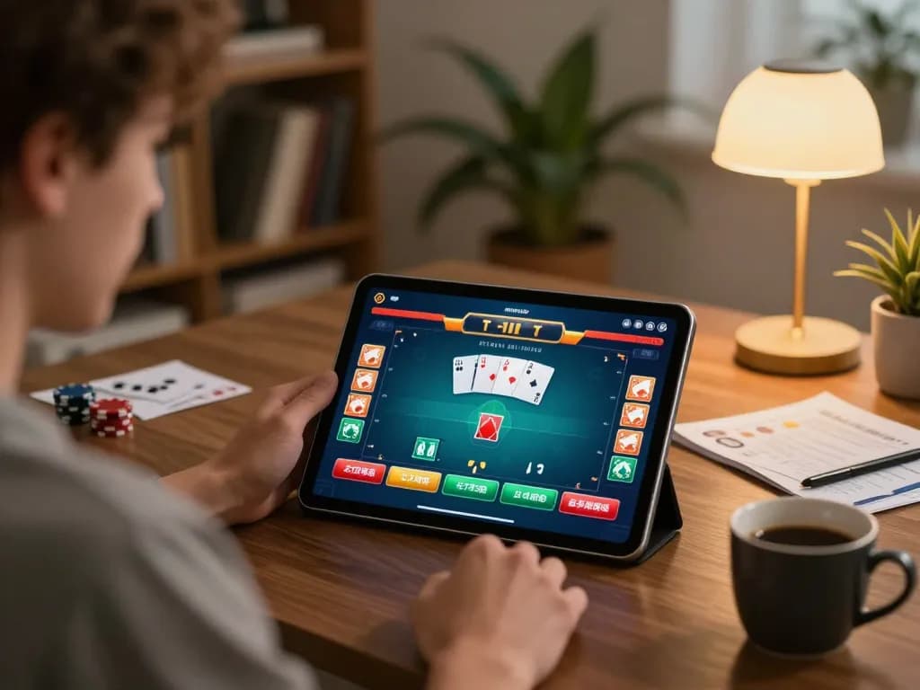 Active participation in online poker game via tablet on a cozy sofa at nhà cái go8.