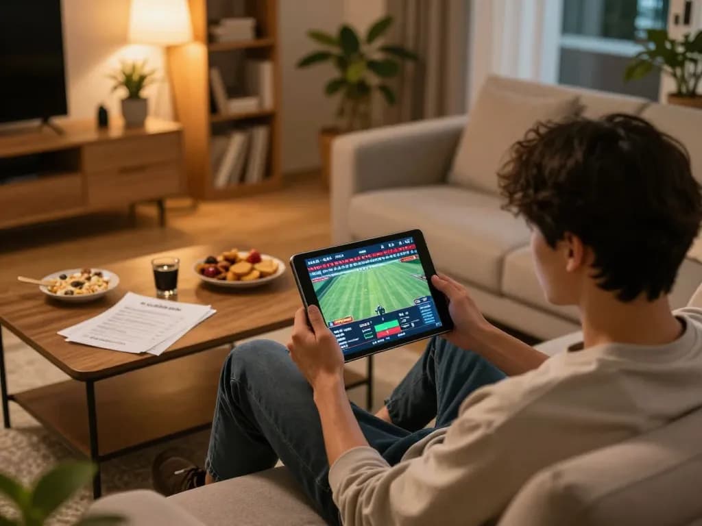 Person using cà khịa tv app on tablet for live sports betting in cozy home setting