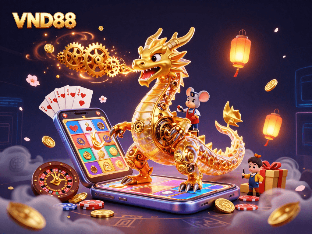 Experience thrilling gaming action with VND88 as a golden dragon breathes gears amidst casino gaming elements.