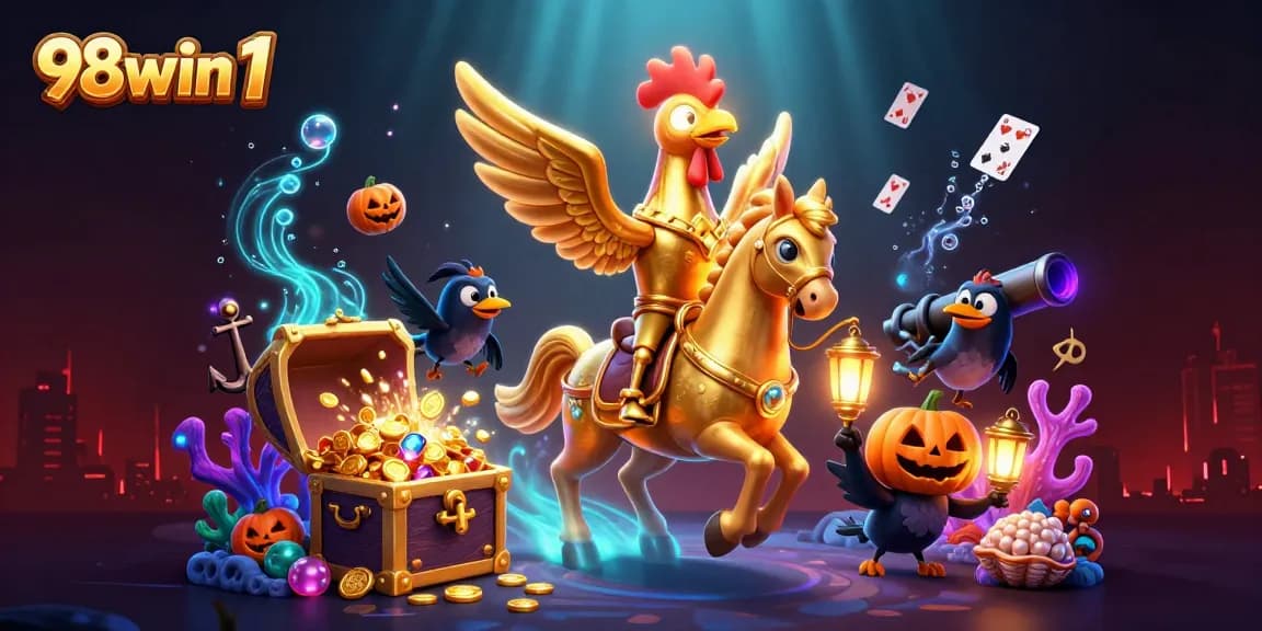 Win big at 98win 1 with a vibrant casino adventure featuring a unique golden rooster.