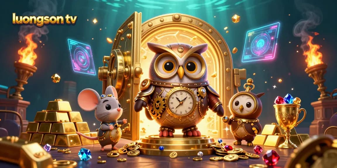 Experience thrilling games with Luongson TV's vibrant casino scene showcasing animated characters and dazzling treasures.
