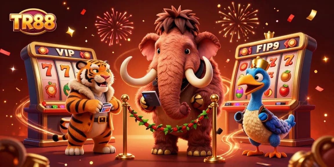 Join the exciting world of TR88 with a vibrant casino scene featuring unique characters and lively gaming elements.