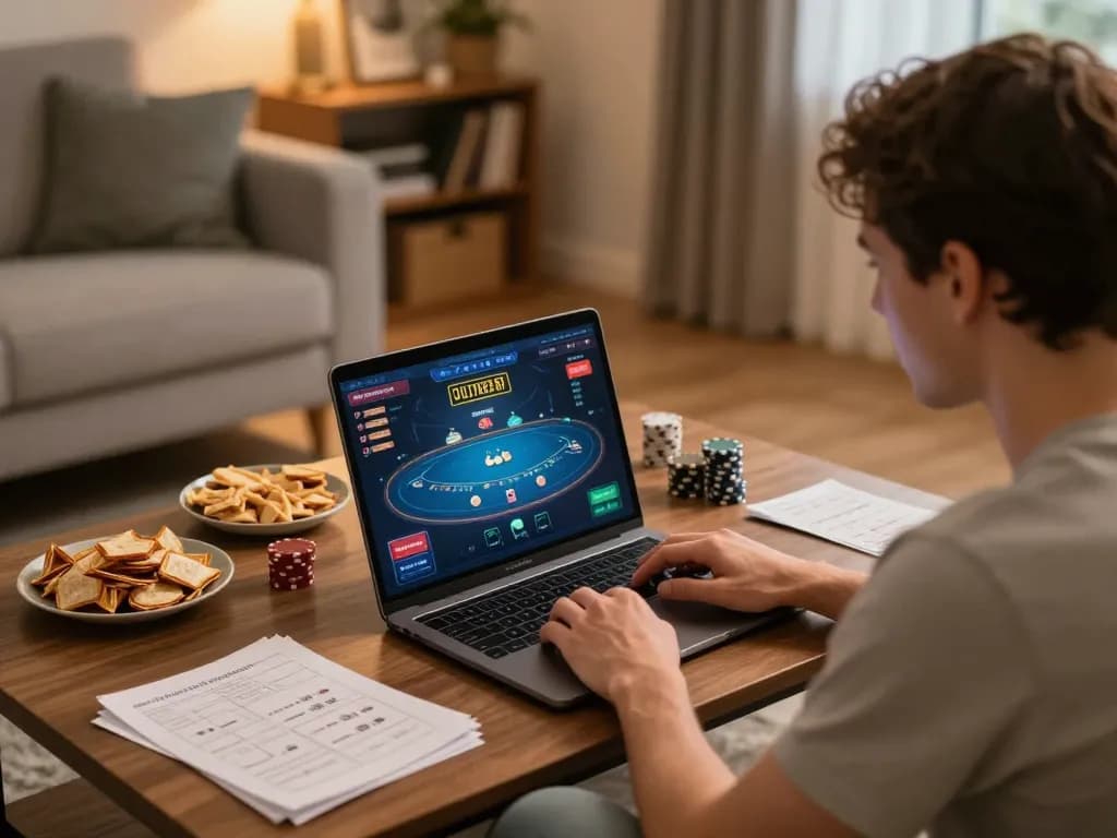 Player engaging in online poker at 99wincasino, focused on gameplay and strategy notes.