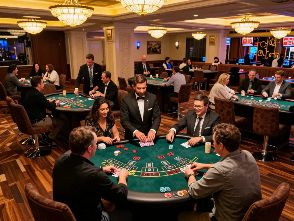 Experience strategic blackjack gameplay at kp88 casino with intense players and professional dealers.