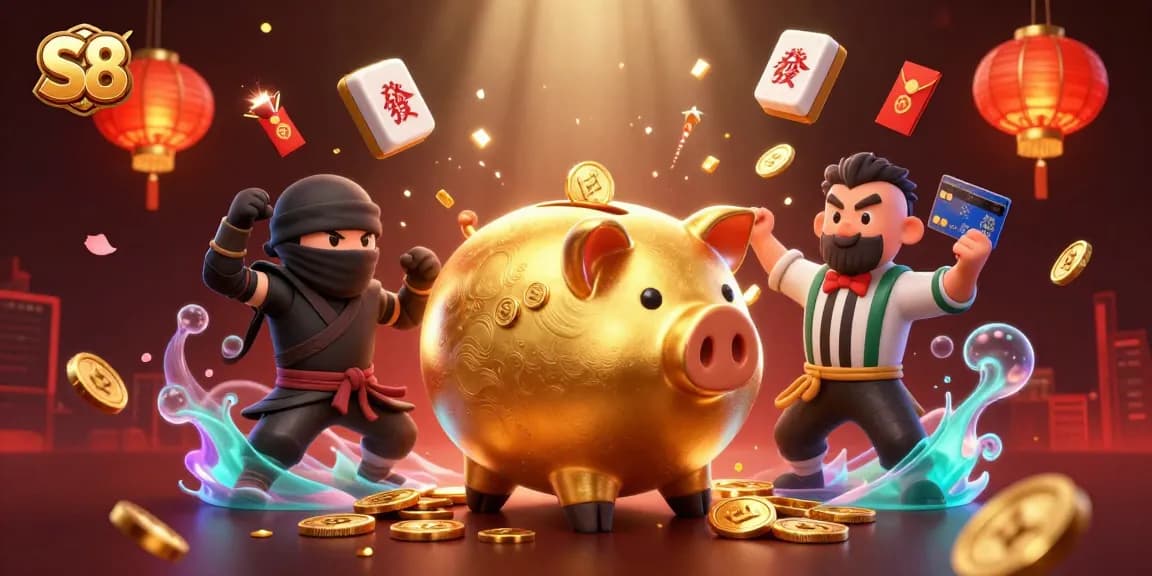 Experience thrilling gameplay at S8 with an action-packed casino showdown featuring a golden piggy bank sumo wrestler.