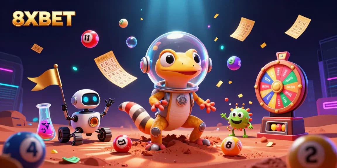 8XBET brings excitement as a Martian gecko discovers a golden casino on Mars, with vibrant game elements
