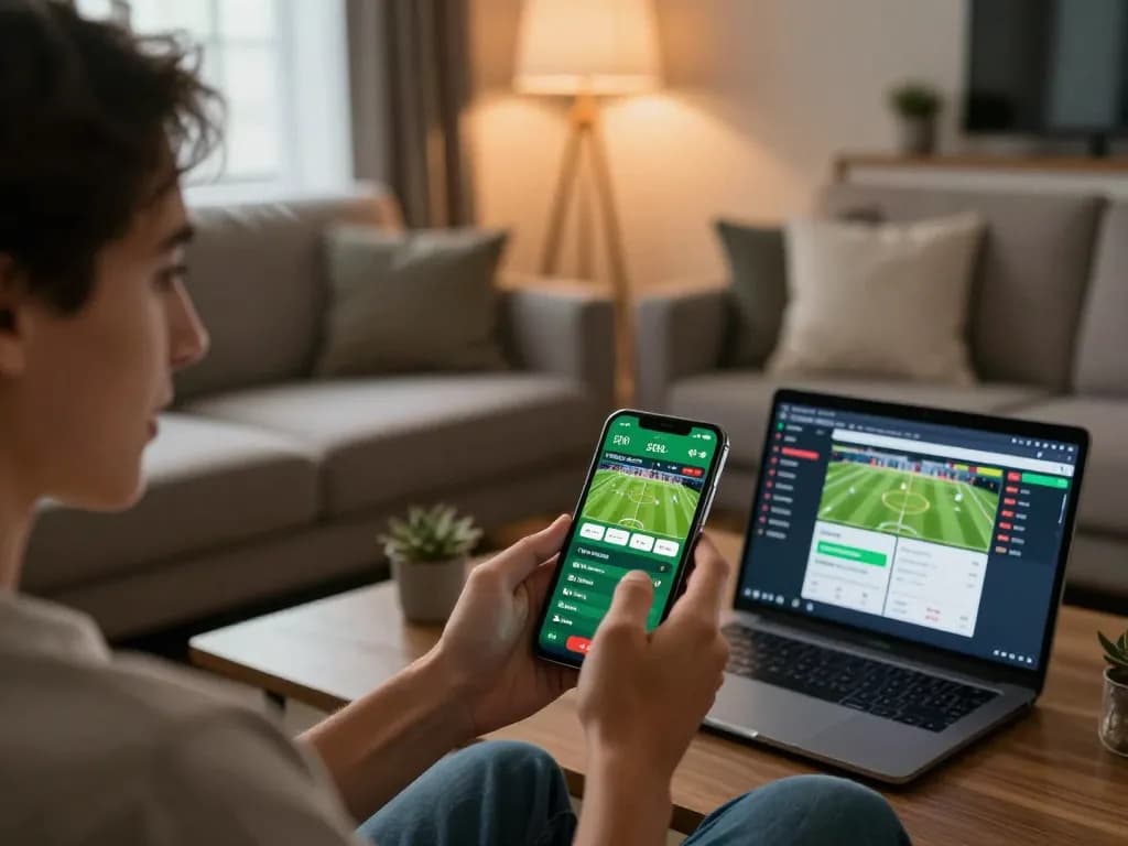 Engaged user checking soi keo nha cai on mobile during exciting sports betting session at home.