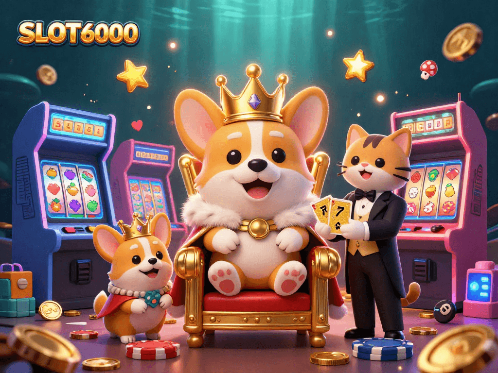 Experience the excitement of SLOT6000 with vibrant gaming elements and characters in a lively casino atmosphere.