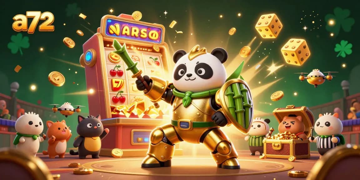 a72 showcases a dynamic jackpot scene with a mech-suit panda and vibrant casino elements in action.