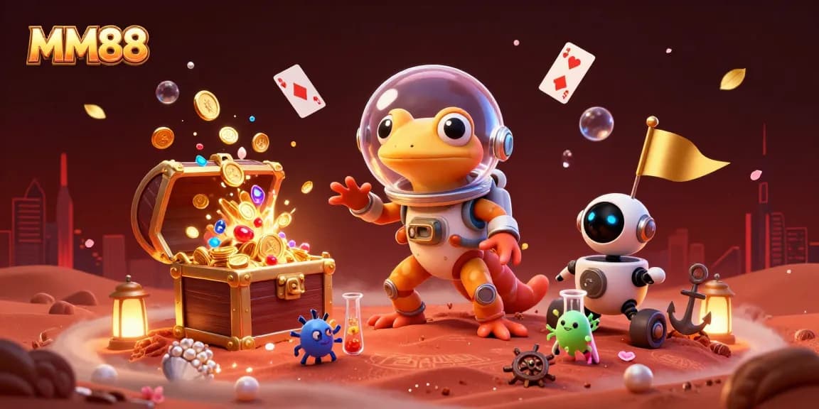 Win big at MM88 with a 3D Martian gecko discovering a golden casino in vibrant space!