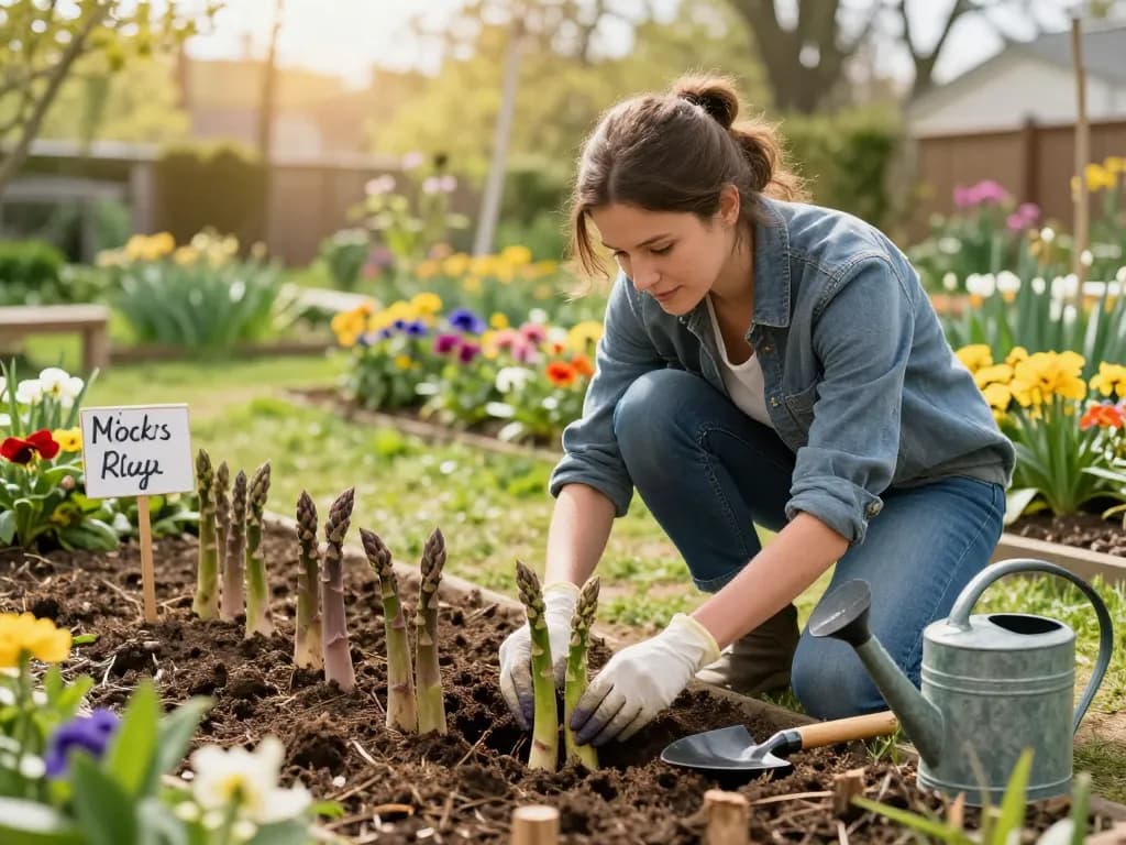 Gardener planting asparagus plants for sale, spargel pflanzen kaufen, in a flourishing garden.